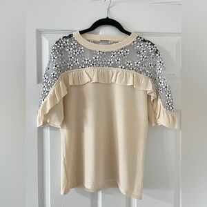 Elie Tahari Cream and Black Floral Lace Blouse